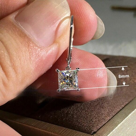 💎A051💎 *NEW PRINCESS CUT DIAMOND SILVER DROP EARRINGS - Picture 5 of 7